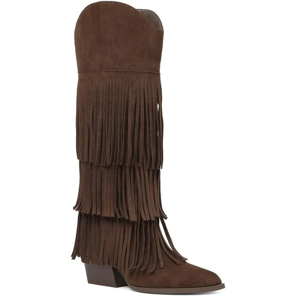 Women's Brown Retro Pointed Toe Pull On Block Chunky Heel Fringe Country